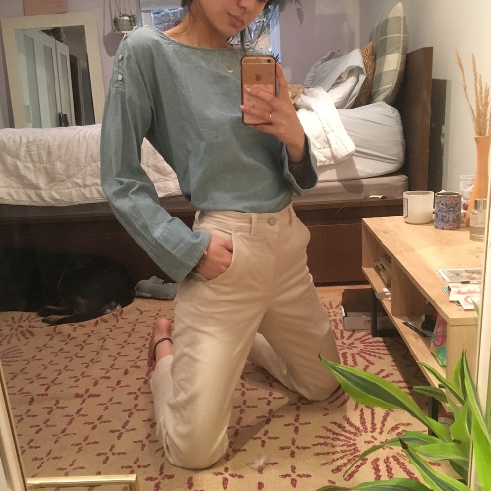 madewell chambray button shoulder detail top